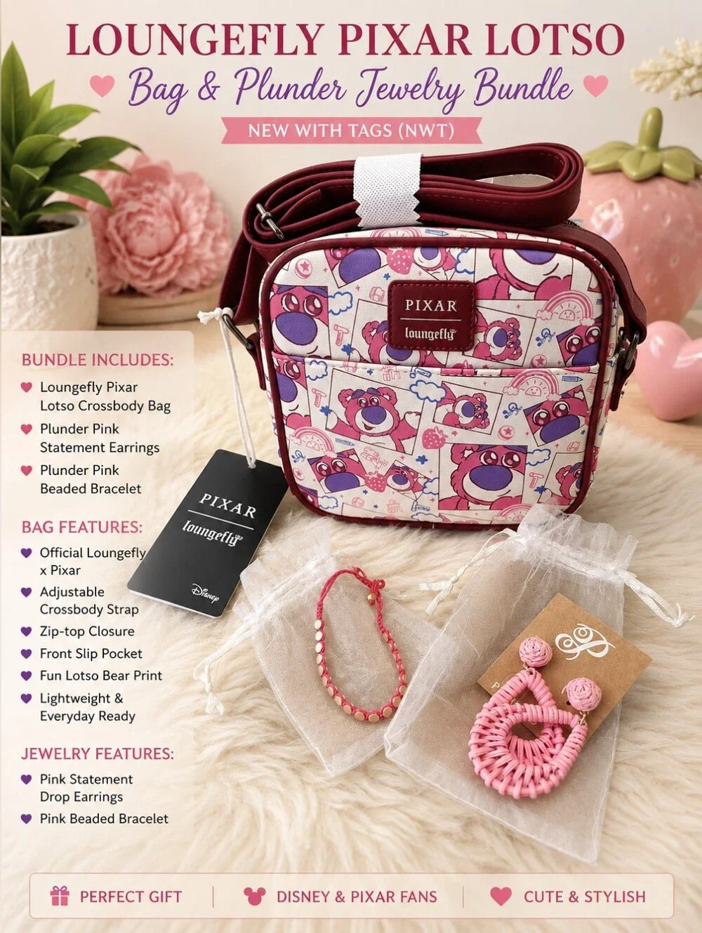 💕Loungefly Pixar Lotso Crossbody Bag & Plunder Jewelry Bundle | NWT